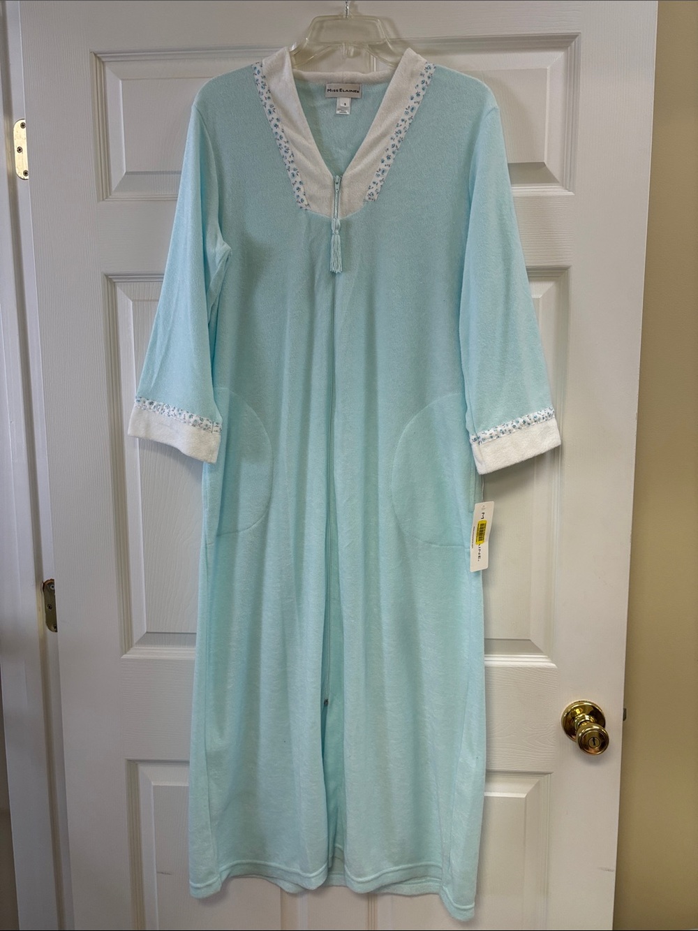 NWT Miss Elaine Light Aqua Zip-Front Long Robe with White Trim